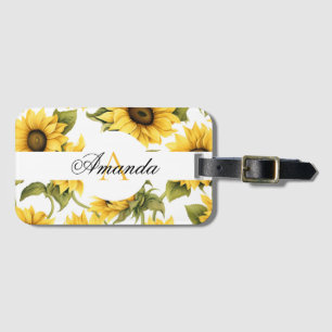 Étiquette À Bagage Aquarelle Jaune et Tournesol Vert Monogramme