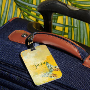 Étiquette À Bagage Aquarelle jaune Monogramme Nom Tie Dye Papillon