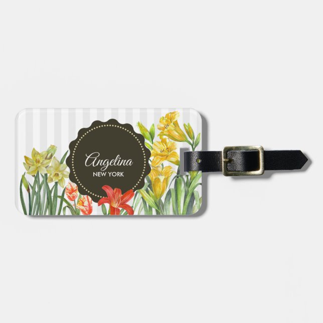 Étiquette À Bagage Aquarelle Jaune Orange Fleurs de printemps Design (Devant horizontal)