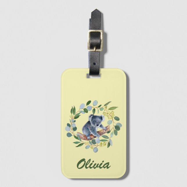 Étiquette À Bagage Aquarelle Koala et couronne d'Eucalyptus (Devant Vertical)