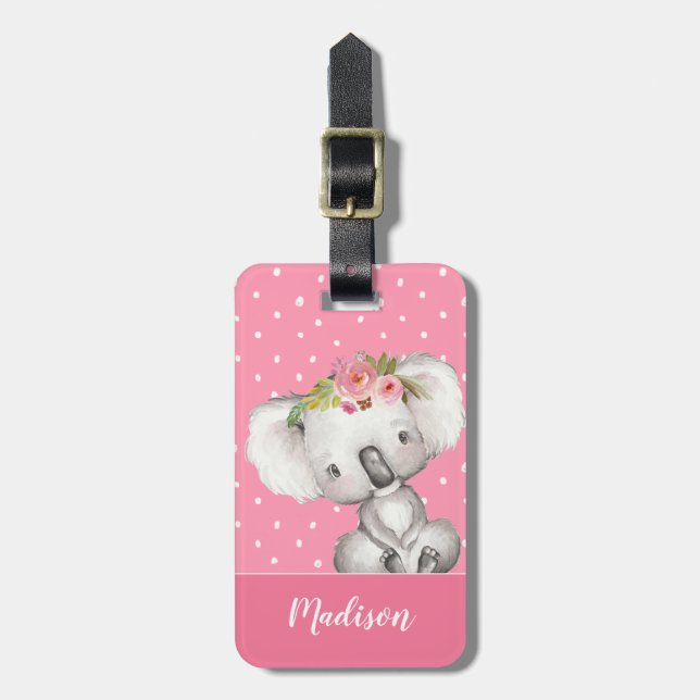 Étiquette À Bagage Aquarelle Koala rose Floral Personnalisé (Devant Vertical)