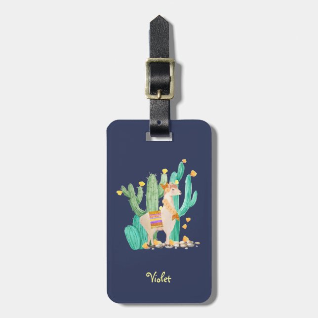 Étiquette À Bagage Aquarelle Llama et Cactus Bleu Personnalisé (Devant Vertical)