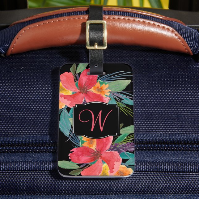 Étiquette À Bagage Aquarelle luxuriante Monogramme floral (Insitu Rectoal 2)