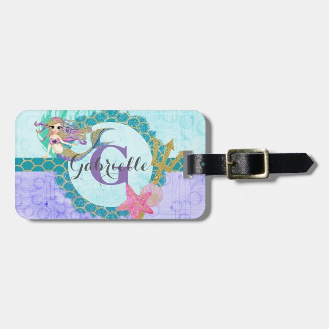 Étiquette À Bagage Aquarelle mignonne de sirène Monogramme Turquoise  (Devant horizontal)