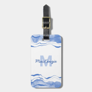 Étiquette À Bagage Aquarelle Monogramme Bleu Abstrait Agate