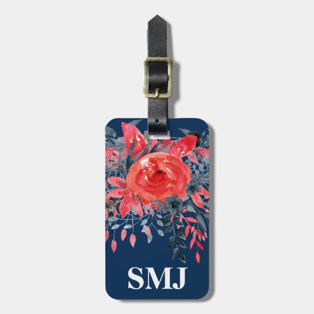 Étiquette À Bagage Aquarelle Monogramme Floral Bleu Denim / Rose Roug (Devant Vertical)