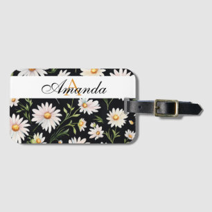 Étiquette À Bagage Aquarelle Motif blanc et noir marguerite