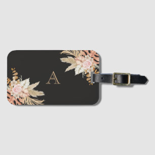 Étiquette À Bagage Aquarelle noire Monogramme floral Fleurs roses