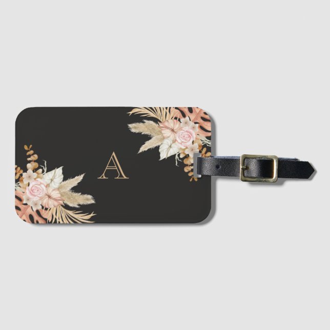 Étiquette À Bagage Aquarelle noire Monogramme floral Fleurs roses (Devant Horizontal)