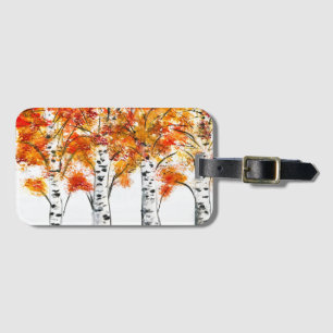 Étiquette À Bagage Aquarelle Oiseaux Arbres Automne Orange Feuille