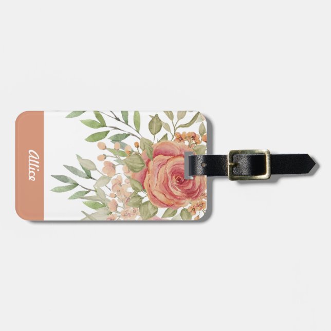 Étiquette À Bagage Aquarelle orange douce Roses Monogramme (Devant horizontal)