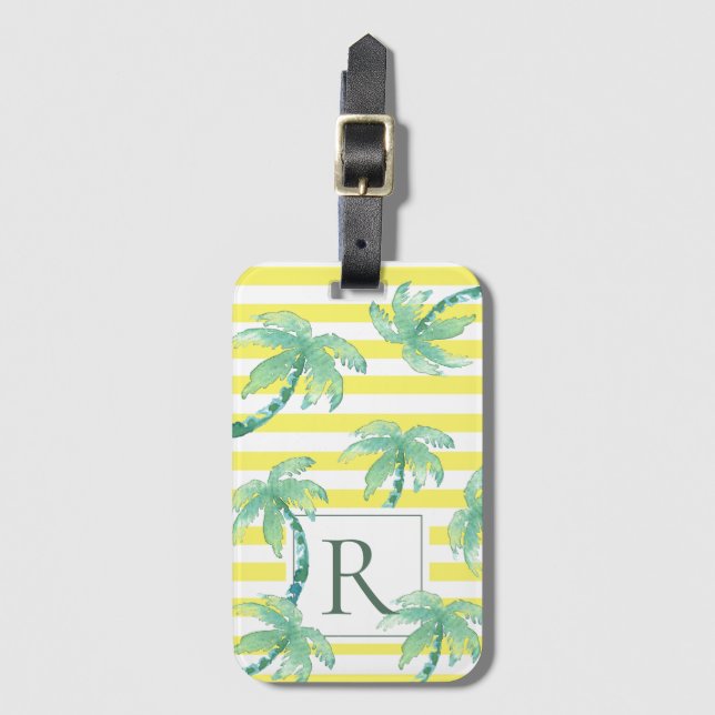 Étiquette À Bagage Aquarelle Palmiers et Monogramme rayé jaune (Devant Vertical)