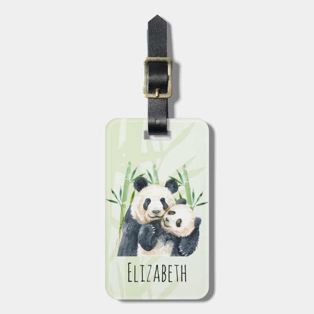 Étiquette À Bagage Aquarelle Panda Ours Maman & Bébé en Bambou (Devant Vertical)