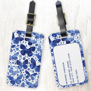 Étiquette À Bagage Aquarelle papillon bleu et blanc Personnalisé