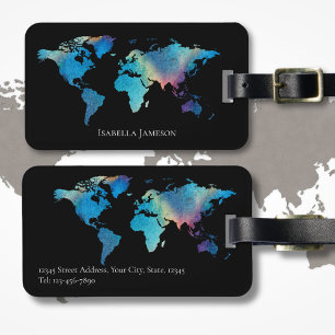 Étiquette À Bagage Aquarelle personnalisée Carte du monde Noir Turquo