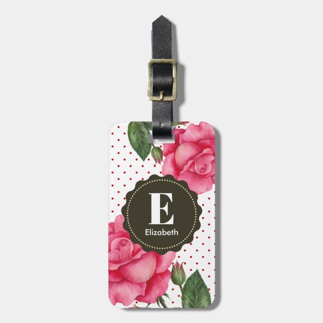 Étiquette À Bagage Aquarelle personnalisée Roses roses rose Monogramm (Devant Vertical)