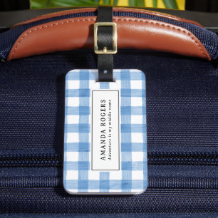 Étiquette À Bagage Aquarelle Plaid Buffalo Bleu Rustique Moderne