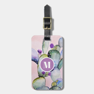 Étiquette À Bagage Aquarelle rose Cactus & Fleurs Monogramme