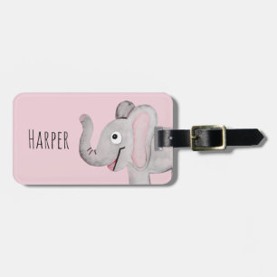 Étiquette À Bagage Aquarelle rose de la fille Safari éléphant et nom 