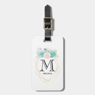 Étiquette À Bagage Aquarelle rose et vert moderne Succulents Monogram