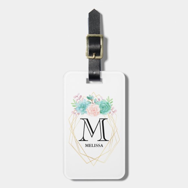 Étiquette À Bagage Aquarelle rose et vert moderne Succulents Monogram (Devant Vertical)