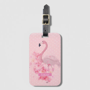 Étiquette À Bagage Aquarelle rose Flamant rose Floral et points