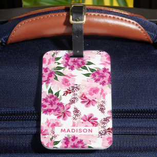 Étiquette À Bagage Aquarelle rose Floral Nom personnalisé Fille