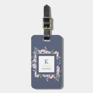 Étiquette À Bagage Aquarelle rose florale et monogramme sur
