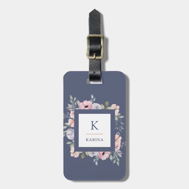 Étiquette À Bagage Aquarelle rose florale et monogramme sur (Devant Vertical)