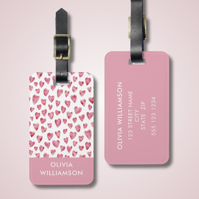 Étiquette À Bagage Aquarelle rose mignonne motif de coeur (Pink love heart pattern luggage tag.  Personalize with your own name and contact details. )