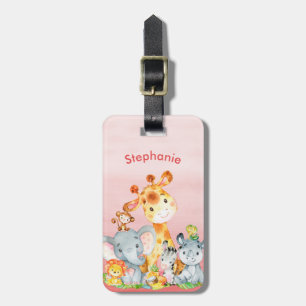 Étiquette À Bagage Aquarelle rose mignonne Safari Jungle Animaux
