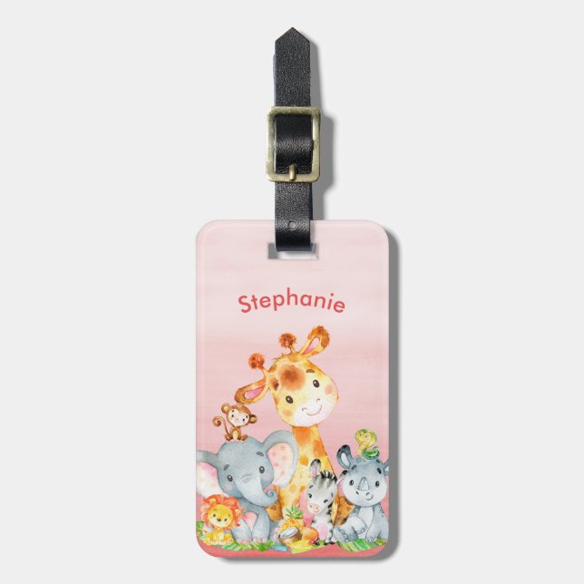 Étiquette À Bagage Aquarelle rose mignonne Safari Jungle Animaux (Devant Vertical)