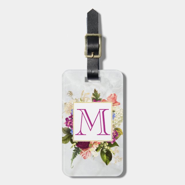 Étiquette À Bagage Aquarelle rose moderne Bouquet floral Monogramme (Devant Vertical)