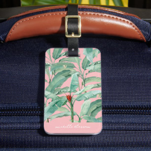 Étiquette À Bagage Aquarelle rose moderne Tropical Banana Palm Feuill