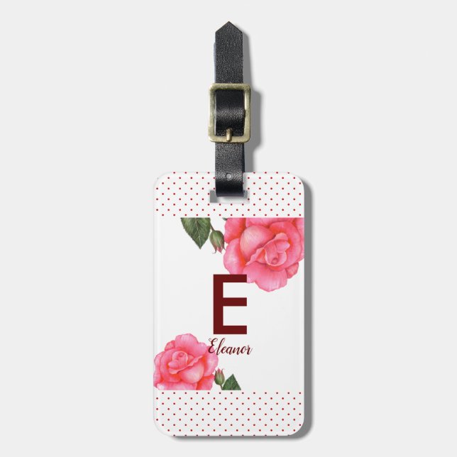 Étiquette À Bagage Aquarelle rose Roses Floral Monogramme (Devant Vertical)