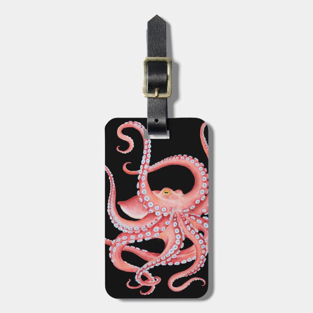 Étiquette À Bagage Aquarelle rouge octopique en noir (Devant Vertical)