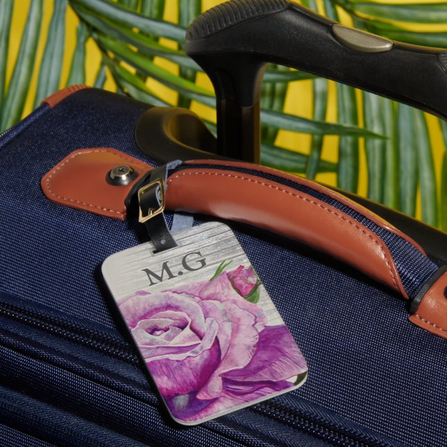 Étiquette À Bagage Aquarelle rustique violet Rose Monogramme bois (Insitu Rectoal 1)