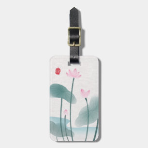 Étiquette À Bagage Aquarelle simple et élégante Fleurs Lotus Vert ros