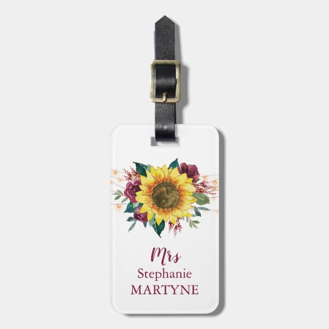 Étiquette À Bagage Aquarelle Tournesol Chaîne Lumières Floral Mme. (Devant Vertical)