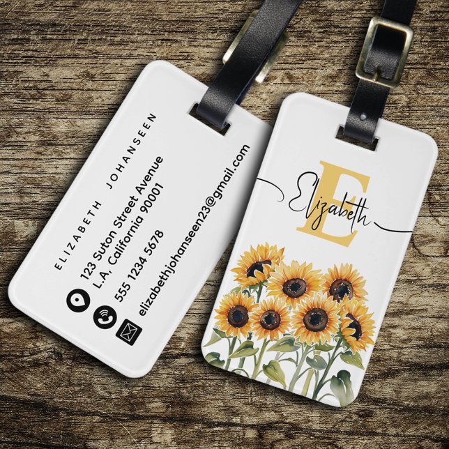 Étiquette À Bagage Aquarelle Tournesol Girl élégant Monogramme floral (Créateur téléchargé)