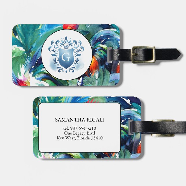Étiquette À Bagage Aquarelle tropicale monogramme (Luggage tags tropical monogrammed art by Victoria Grigaliunas of Do Tell a Belle)
