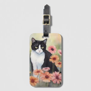 Étiquette À Bagage Aquarelle Tuxedo Chat Avec Gerbera Fleurs Faisées