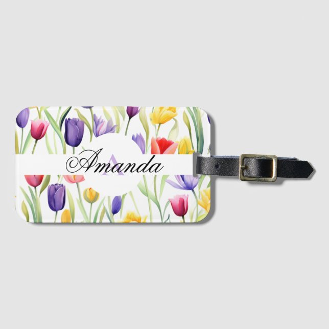 Étiquette À Bagage Aquarelle violet et blanc Motif de tulipe de monog (Devant Horizontal)