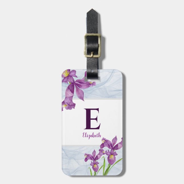 Étiquette À Bagage Aquarelle violet Iris Floral Organza Monogramme (Devant Vertical)