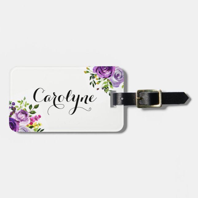 Étiquette À Bagage Aquarelle violet Rose Botanique Personnalisée (Devant horizontal)
