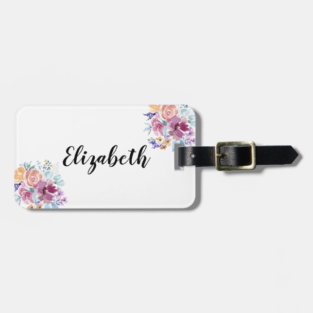 Étiquette À Bagage Aquarelle violet Roses Floral Personnalisé (Devant horizontal)