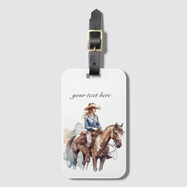 Étiquette À Bagage Aquarelle Western Brunette Cowgirl, personnalisée (Devant Vertical)