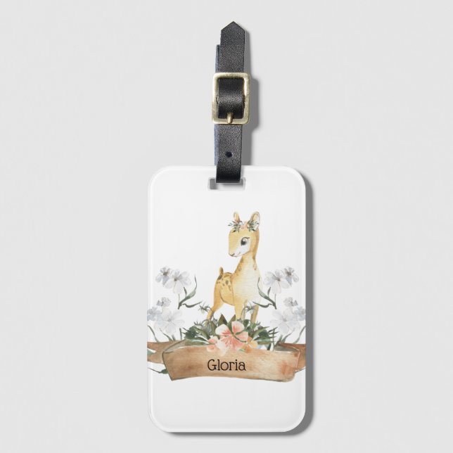 Étiquette À Bagage Aquarelle Woodland Baby Fawn Nom personnalisé (Devant Vertical)