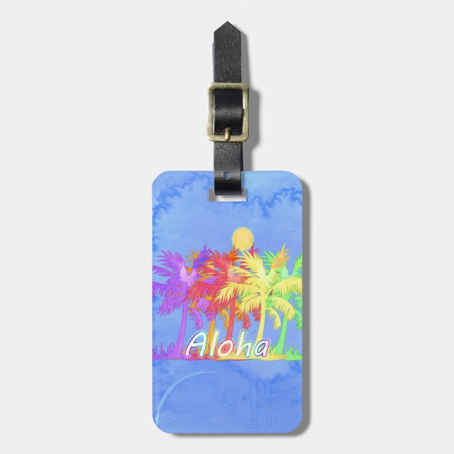 Étiquette À Bagage Aquarelles de palmier de Hawaiin Aloha (Devant Vertical)