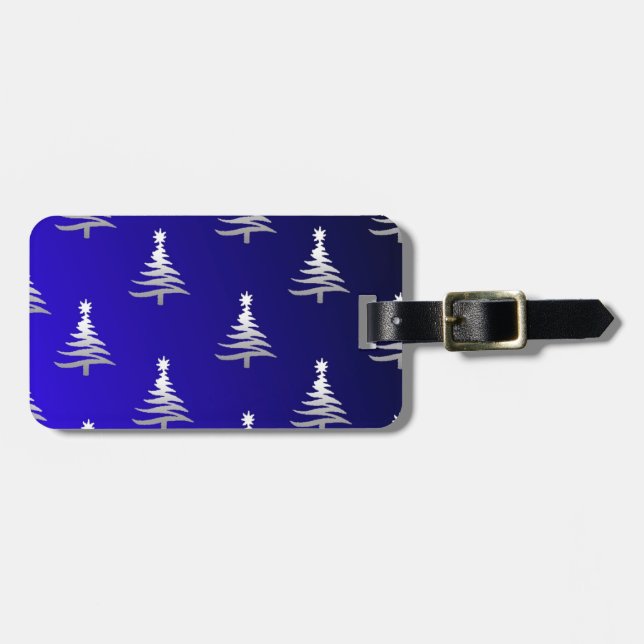 Étiquette À Bagage Arbres de Noël Argent sur Bleu Cobalt (Devant horizontal)